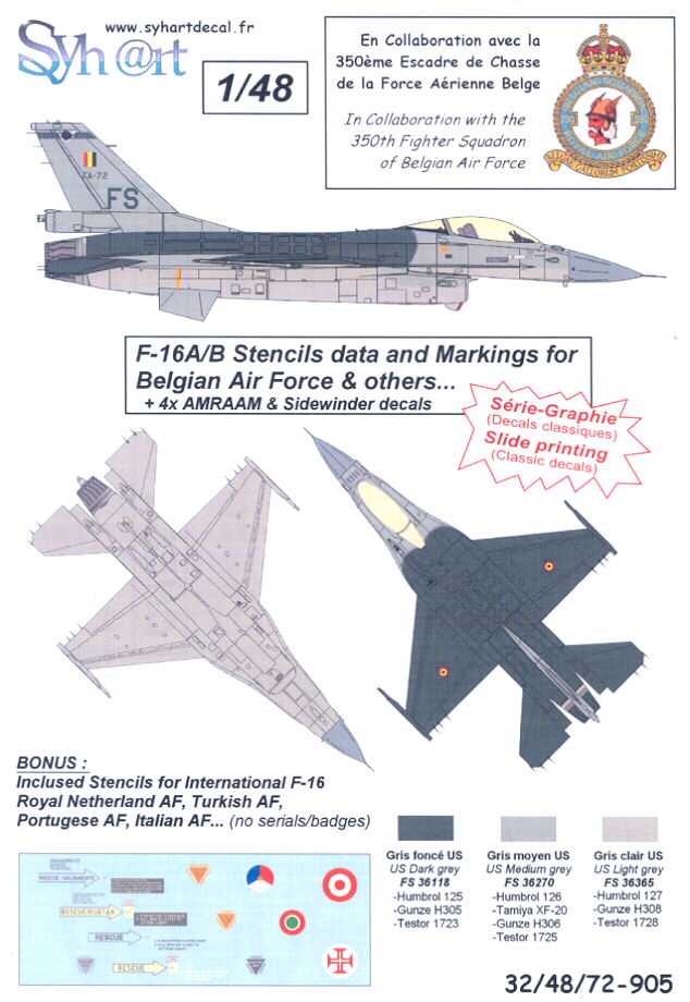 Syhart Decals 1/48 GENERAL DYNAMICS F-16A/B FALCON Belgian Air Force