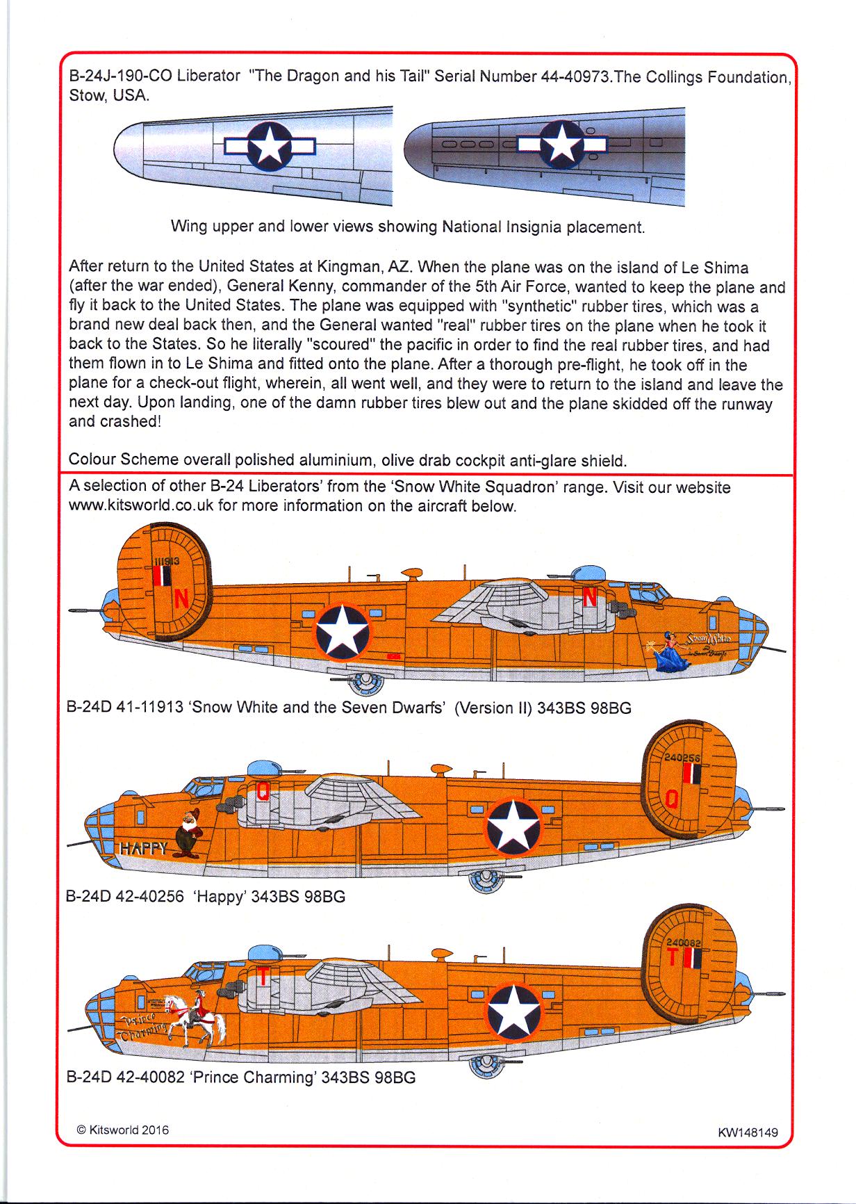 Kits World Decals 1/48 CONSOLIDATED B24J LIBERATOR The Dragon and his