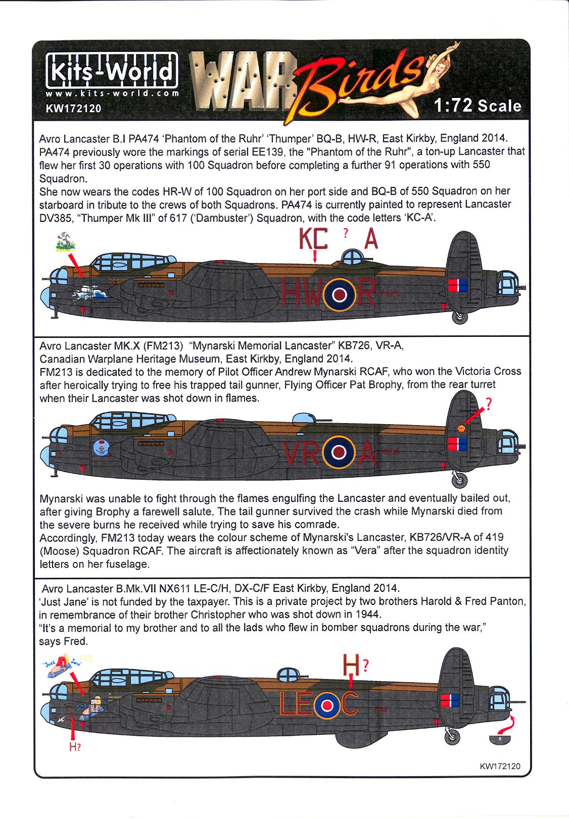 Kits World Decals 1/72 AVRO LANCASTER Commemorative Schemes