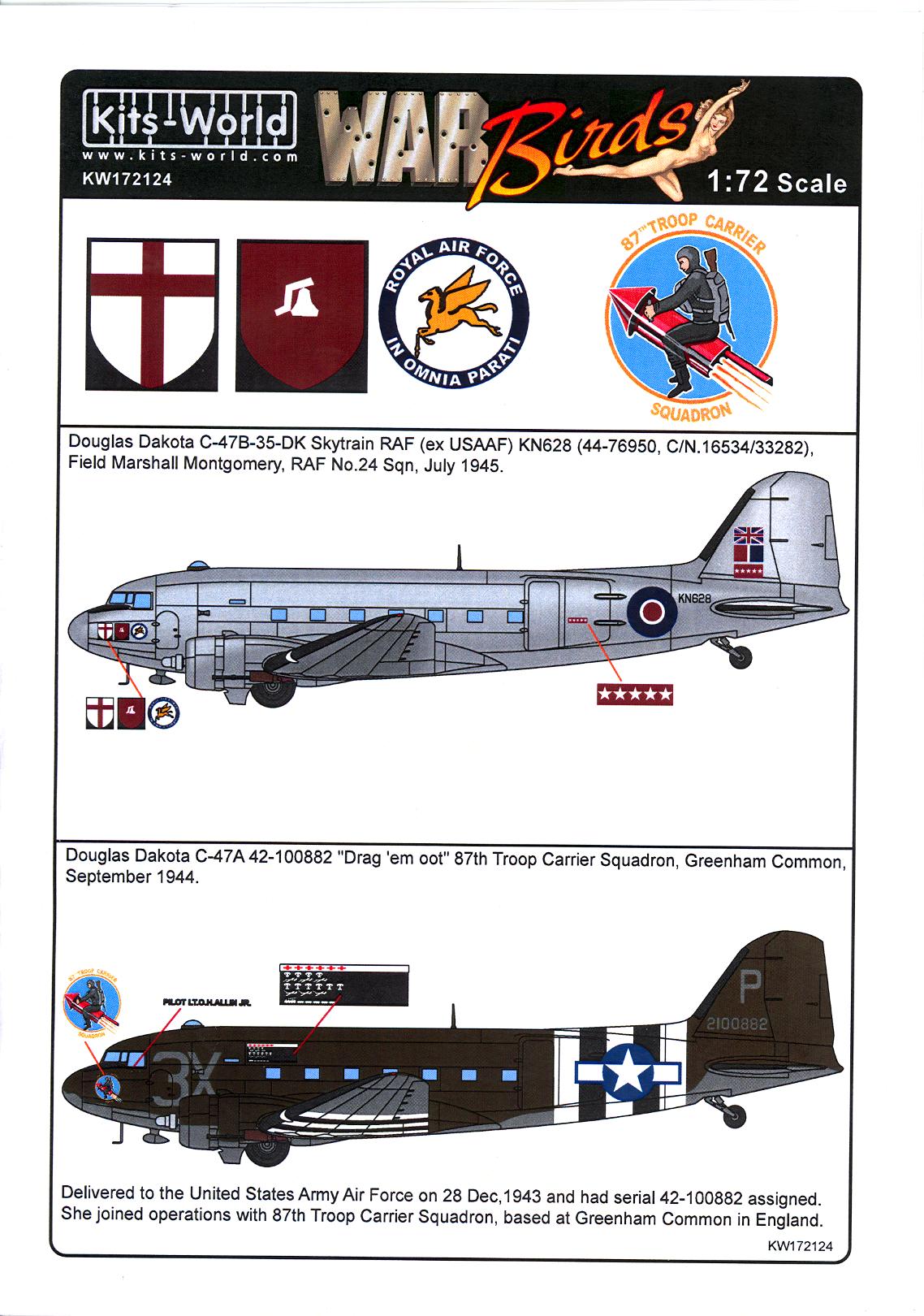 Kits World Decals 1/72 DOUGLAS C47 SKYTRAIN British & American Versions