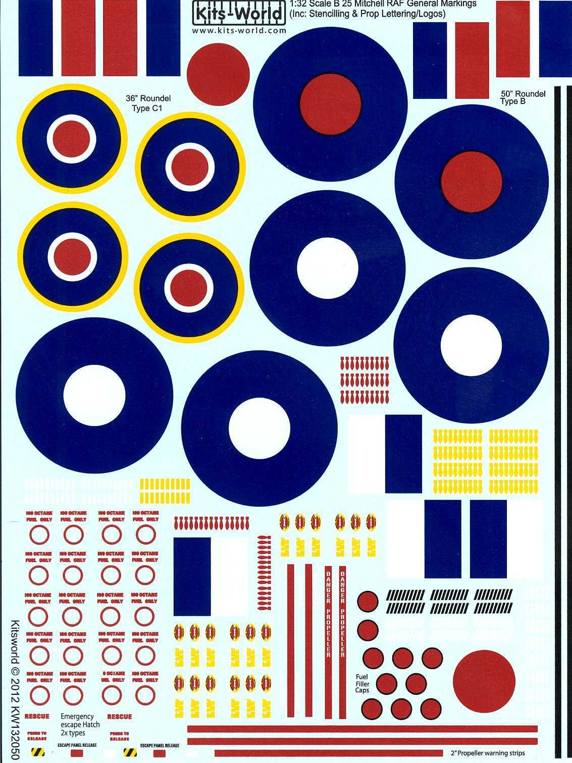 Kits World Decals 1/32 B25 MITCHELL Roundels & Stencils for R.A.F