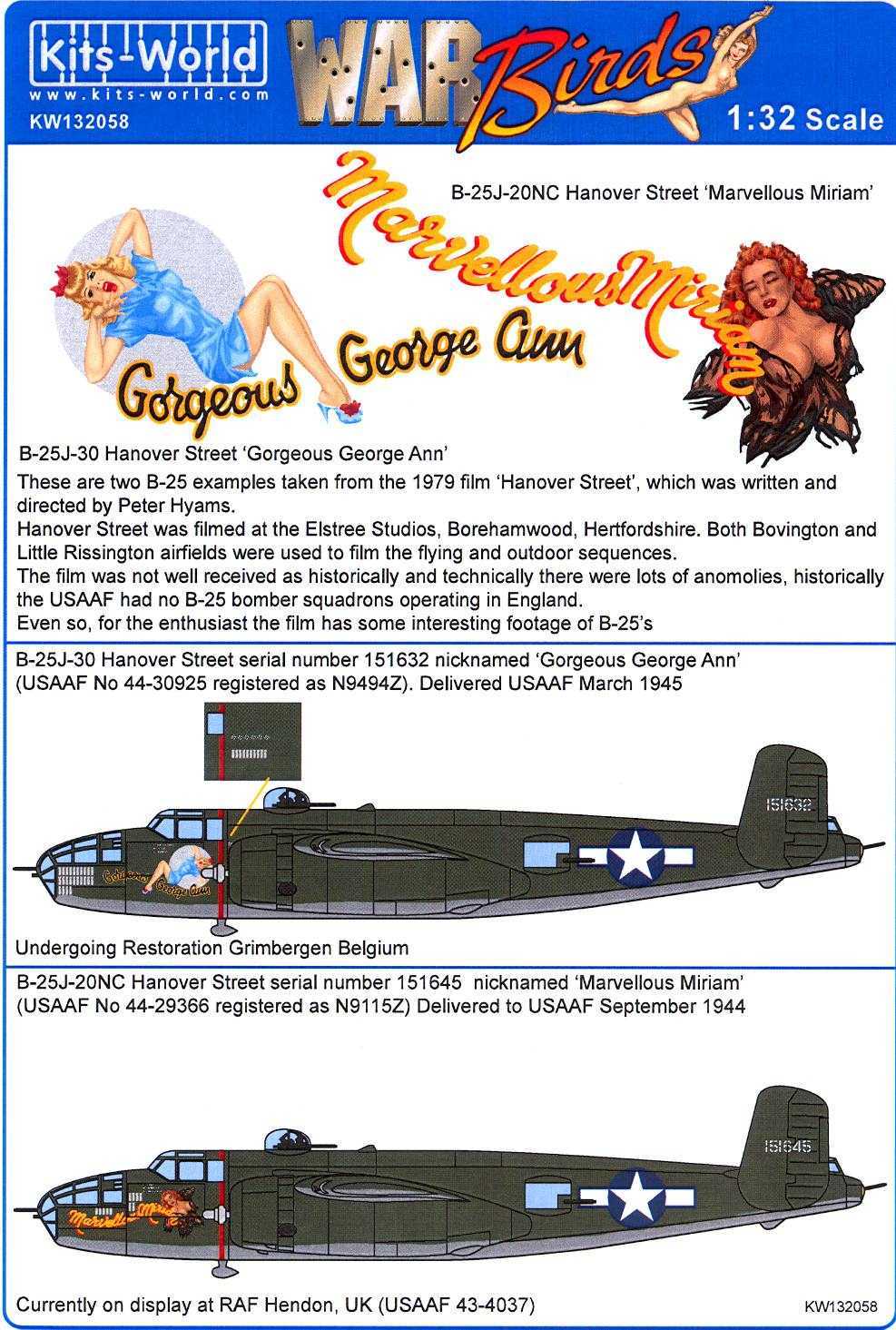 Kits World Decals 1/32 B25J MITCHELL Bomber 1979 Movie "Hannover