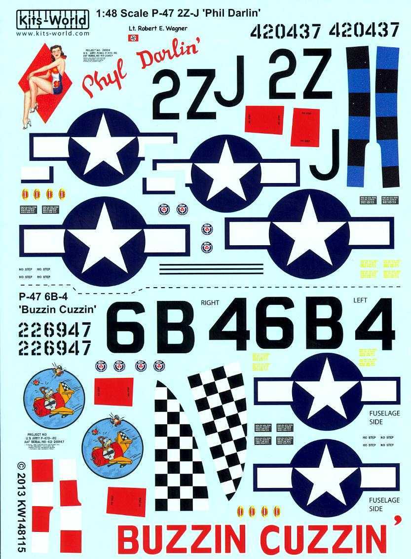 Kits World Decals 1/48 REPUBLIC P47D THUNDERBOLT Buzzin Cuzzin & Phyl