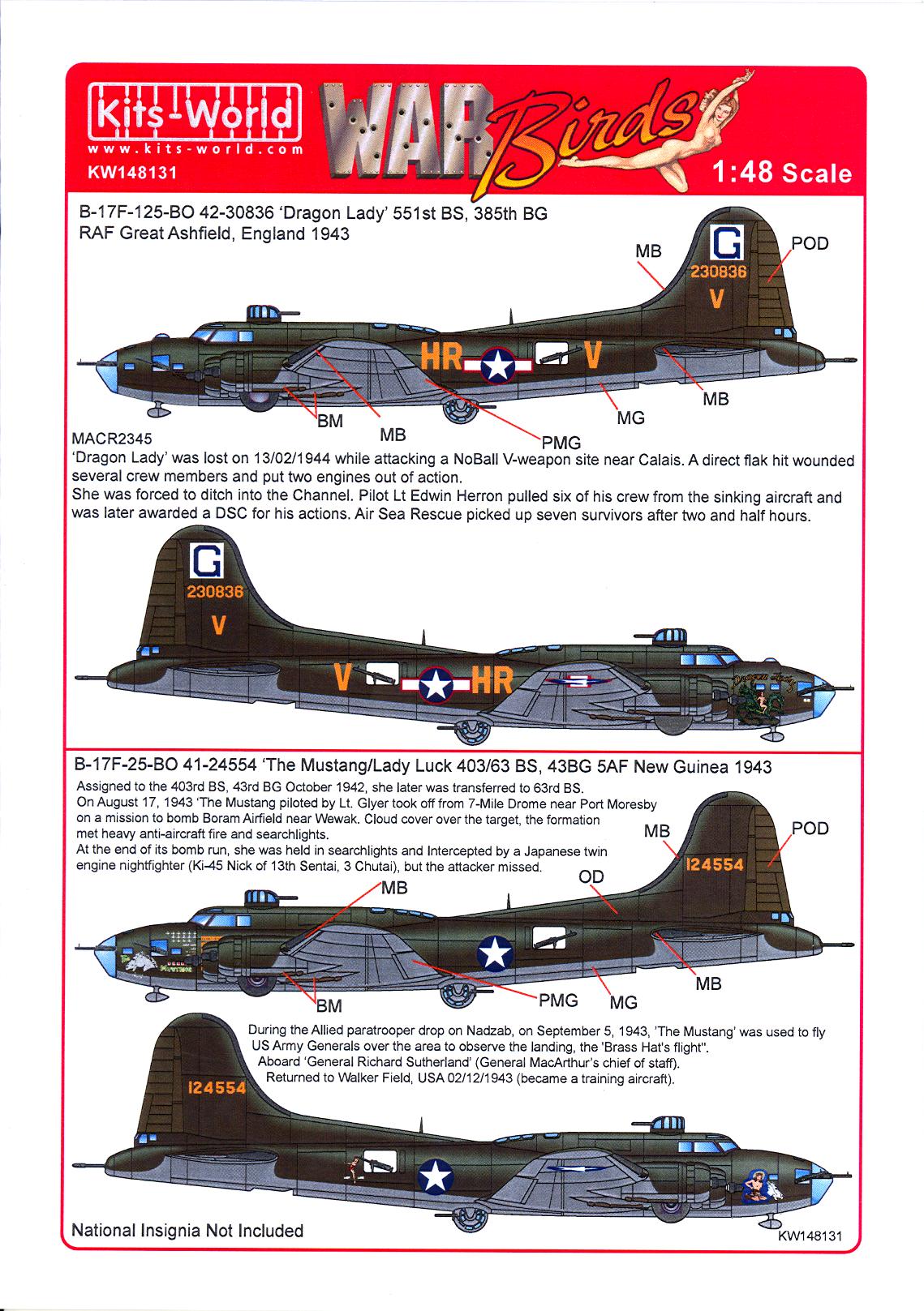 Kits World Decals 1/48 B17F FLYING FORTRESS Dragon Lady & Lady Luck eBay