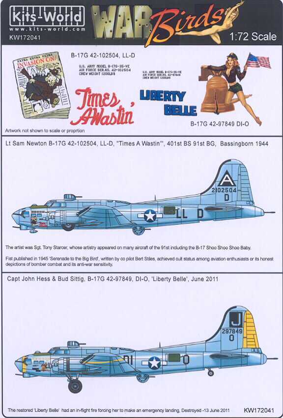 Kits World Decals 1/72 B17G FLYING FORTRESS Liberty Belle & Times A Wastin eBay