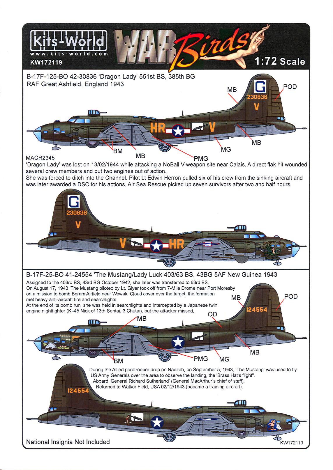 Kits World Decals 1/72 B17F FLYING FORTRESS Dragon Lady & Lady Luck