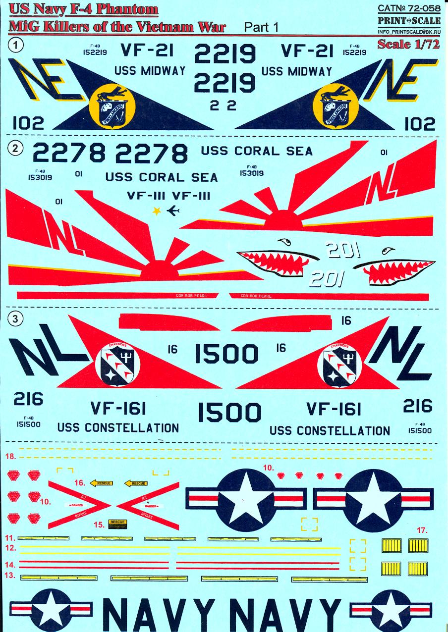 Print Scale Decals 1/72 U.S. NAVY F-4 PHANTOM II MIG KILLERS of the