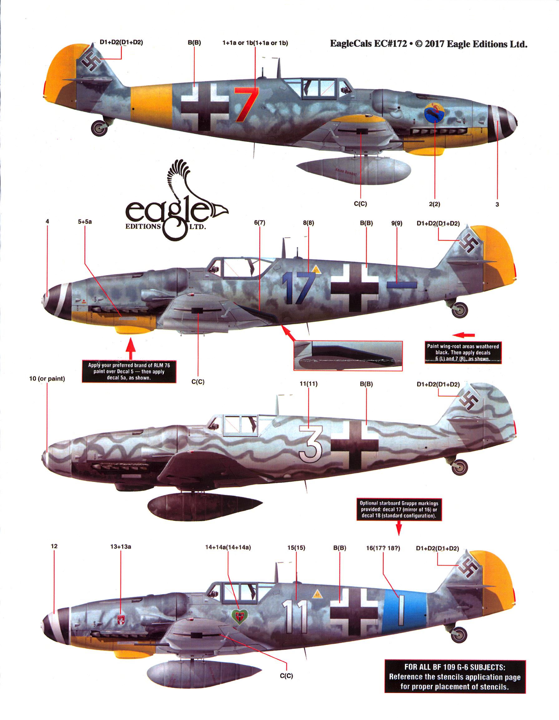 EagleCals Decals 1//72 MESSERSCHMITT Bf-109F-2 Fighter JG3 JG51 /& JG54