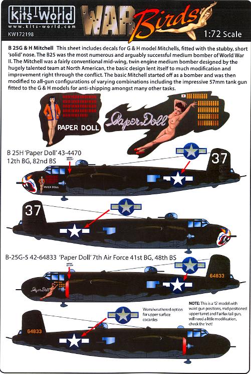 Kits World Decals 1//48 B-25J /& B-25H MITCHELL Bomber Hot Gen /& Barbie III