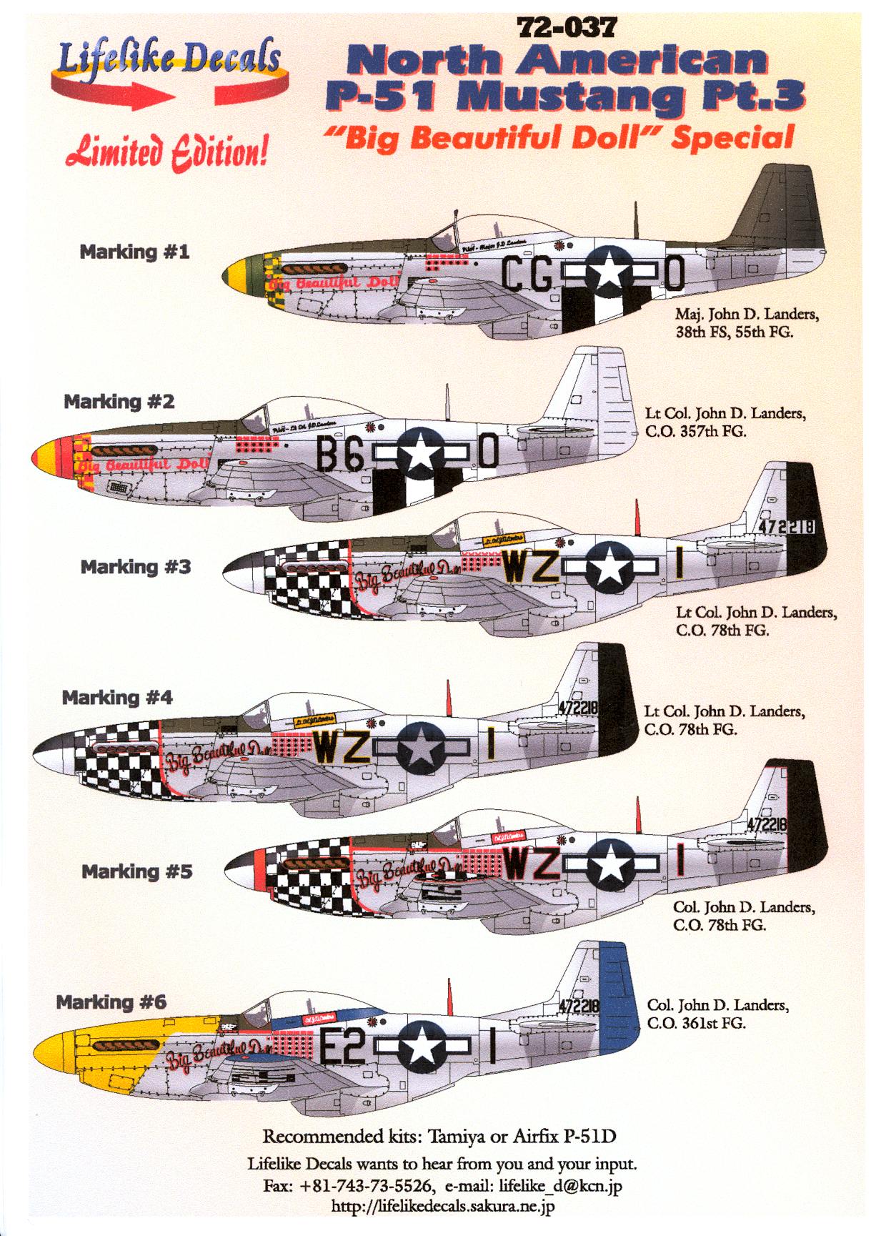 Lifelike 1/72 decal P-51 Mustang Pt3 Big Beautiful Doll Special for TMY / Airfix Lifelike 1/72 decal P-51 Mustang Pt3 Big Beautiful Doll Special for TMY / Airfix