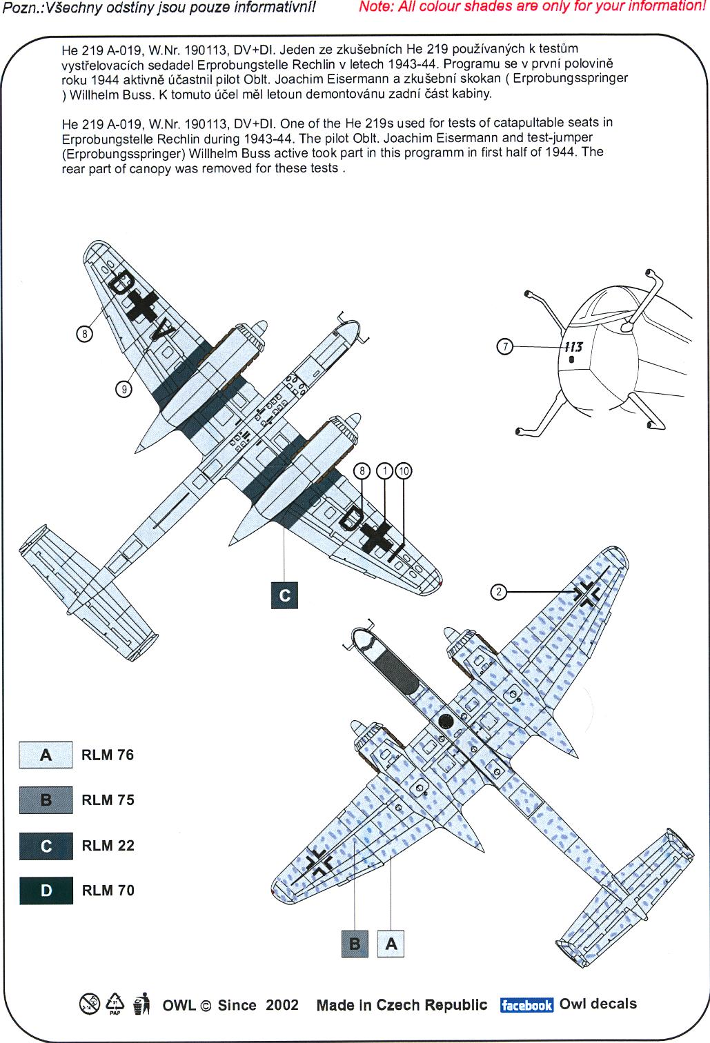 Owl Decals 1/32 He 219 A-019, DV+VI, Rechlin test base - OWLD32020