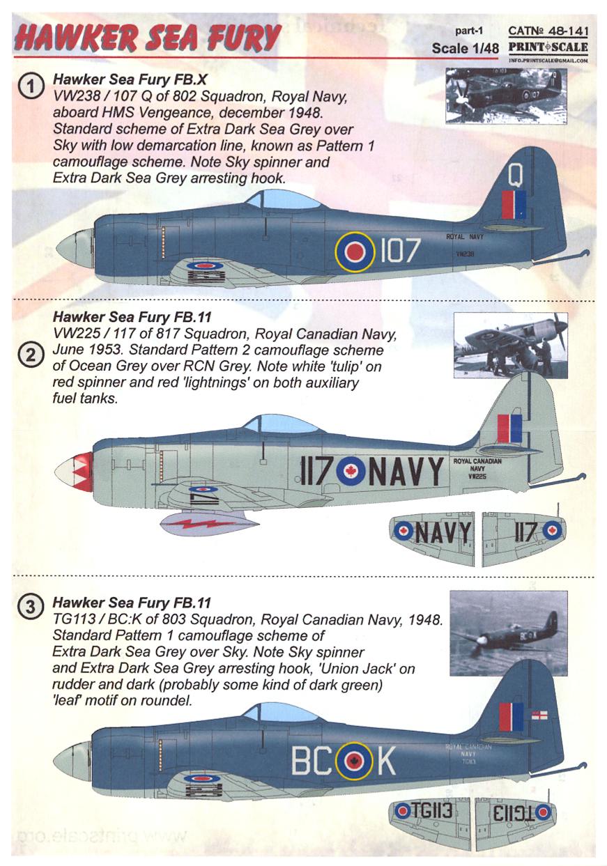Print Scale 48-141 1//48 scale Decal for airplane Hawker Sea Fury Part 1 World