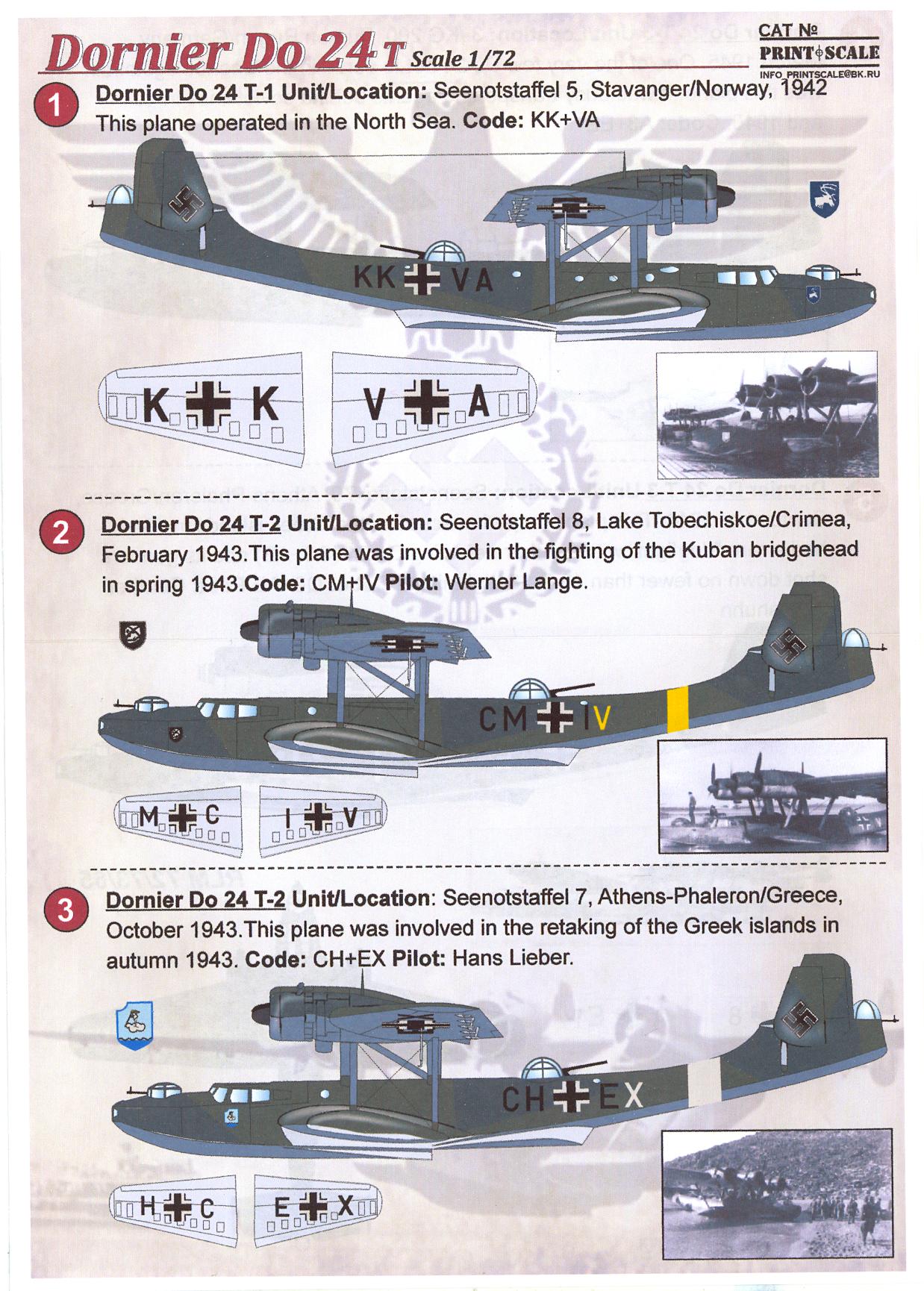 DECAL FOR DORNIER DO 24 T  1//72 PRINT SCALE 72-191