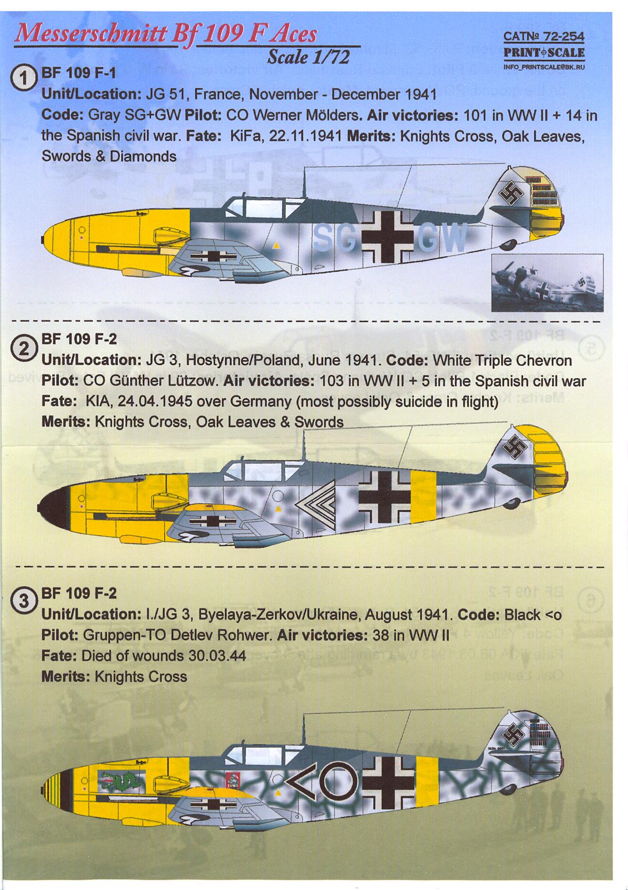 Print Scale Decals 1 72 Messerschmitt Bf 109f German Aces Ebay