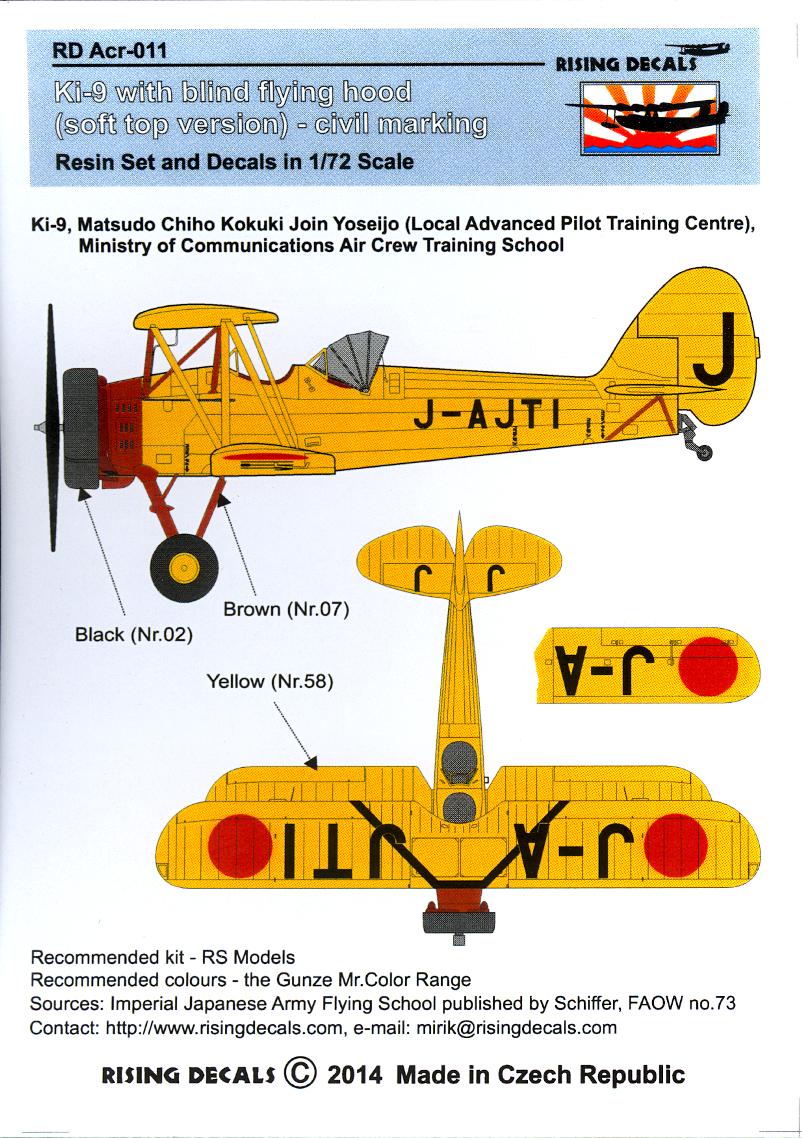 Rising Decals 1/72 TACHIKAWA Ki-9 with Blind Flying Hood Civilian w/Resin Set 
