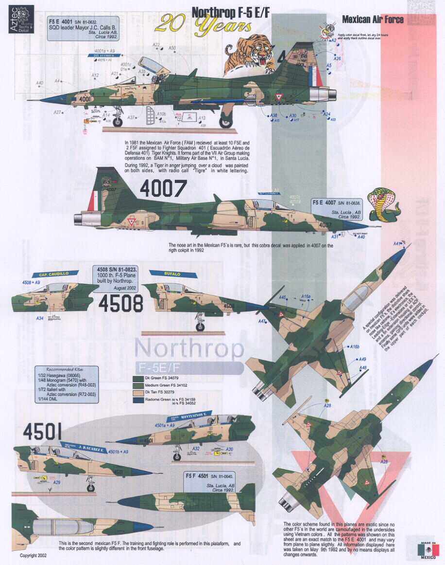 Aztec Decals 1/72 NORTHROP F 5 MEXICAN AF 20 Years  