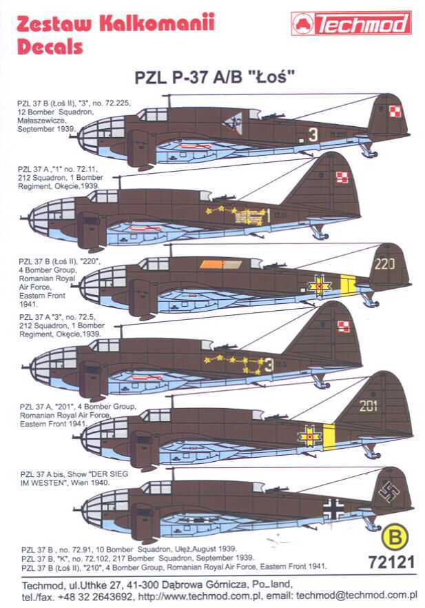 Techmod Decals 1/72 PZL P.37 LOS Polish WWII Bomber  