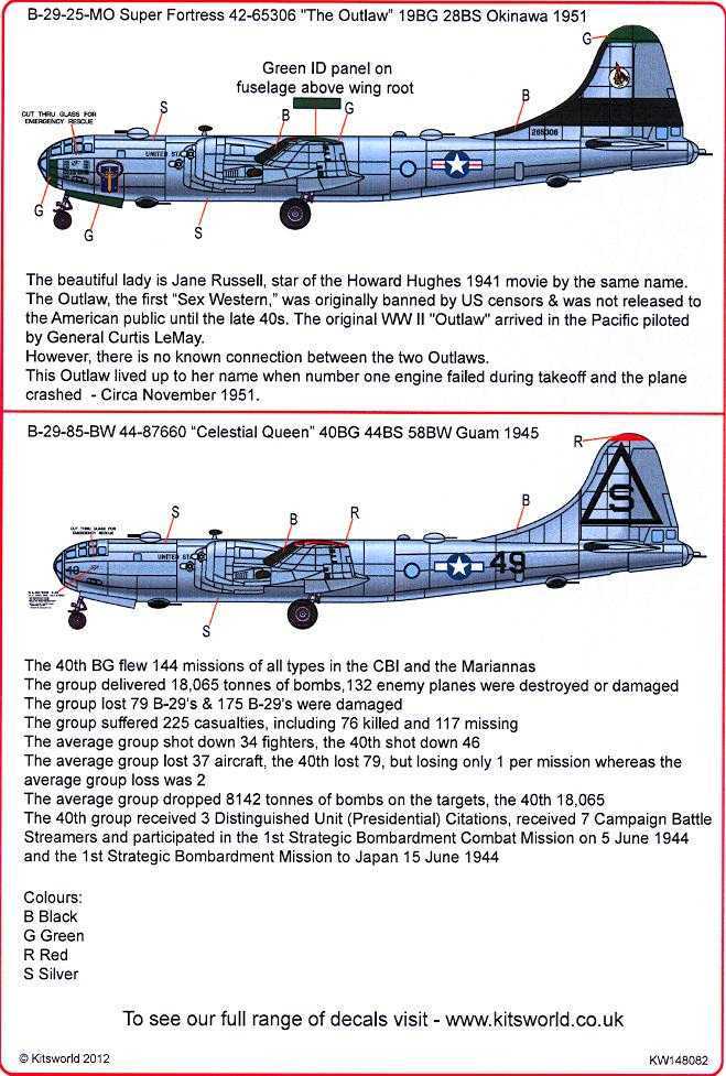 Kits World Decals 1/48 BOEING B-29 SUPERFORTRESS The Outlaw & Celestial ...