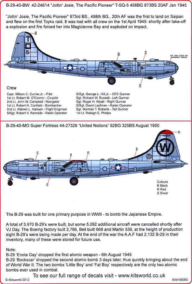 Kits World Decals 1/48 BOEING B-29 SUPERFORTRESS Joltin' Josie & United ...