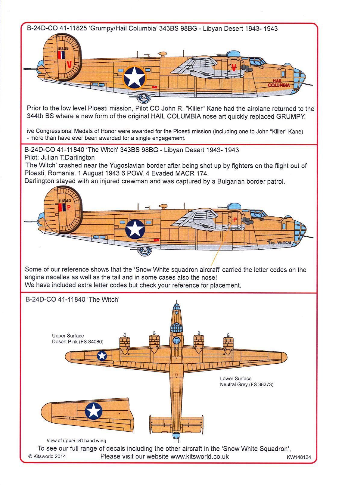 Kits World Decals 1/48 B-24D LIBERATOR Hail Columbia (Grump) & The Witch