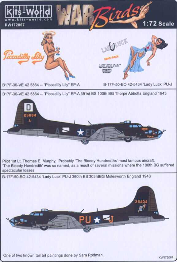 Kits World Decals 1/72 BOEING B-17F FLYING FORTRESS Piccadilly Lily ...