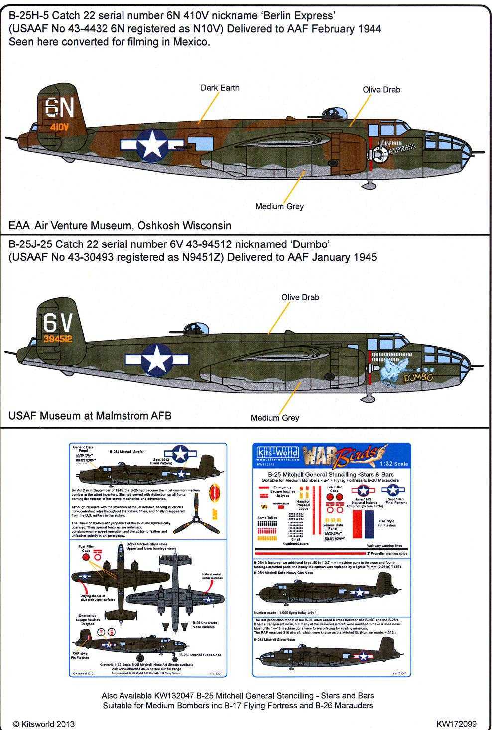 Kits World Decals 1/72 NORTH AMERICAN B-25H/J MITCHELL Dumbo & Berlin ...