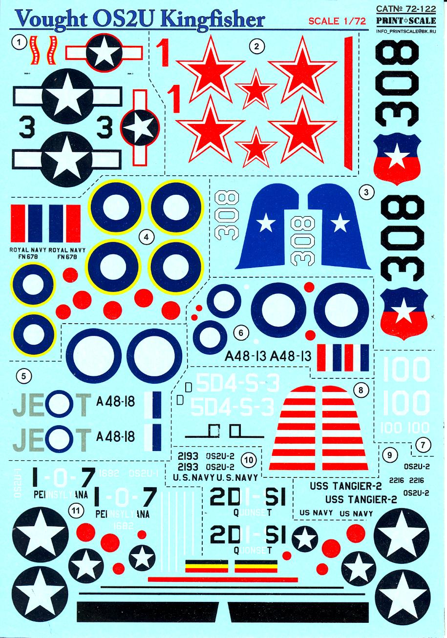 Print Scale Decals 1/72 VOUGHT OS2U KINGFISHER Floatplane & Land Plane ...