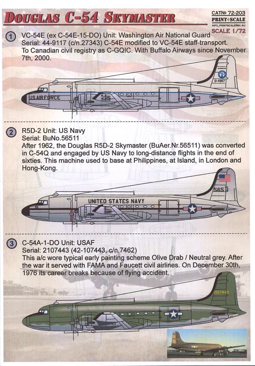 Print Scale Decals 1/72 DOUGLAS C-54 SKYMASTER U.S. Air Force & U.S ...