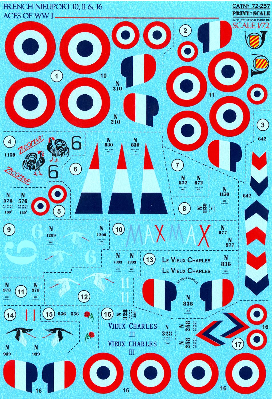 Print Scale Decals 1/72 NIEUPORT 10 NIEUPORT 11 & NIEUPORT 16 FRENCH ACES