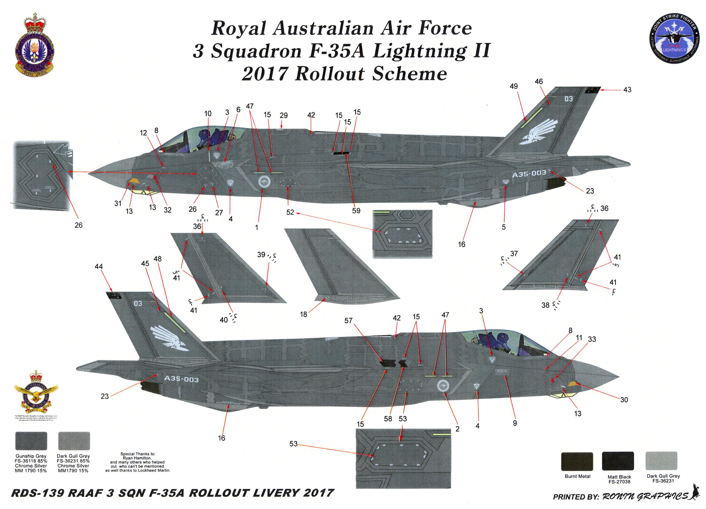 Ronin Decals 1/48 RAAF 3 Squadron F35A LIGHTNING II 2017 ROLLOUT