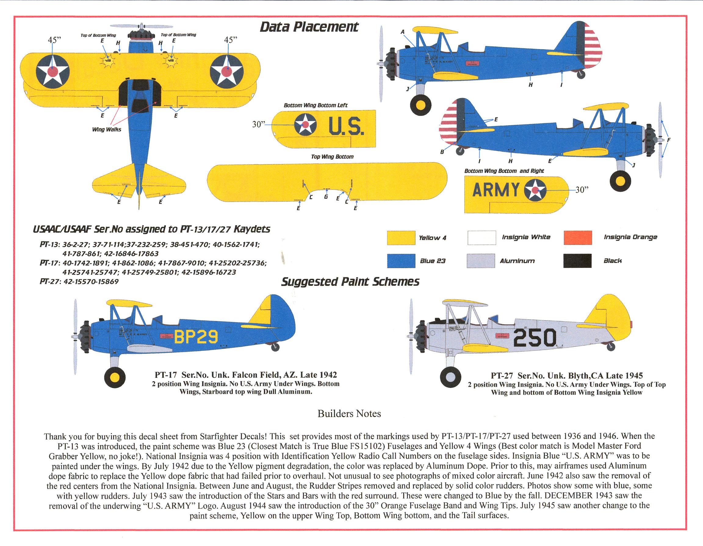 <b>Starfighter</b> Decals 1/48 STEARMAN PT-17 KAYDET U.S. Army Primary Trainer.