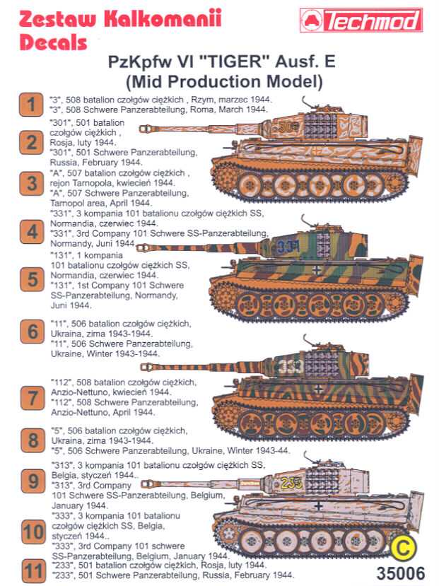 Techmod Decals 1/35 PzKpfw VI TIGER E TANK MID PRODUCTION  