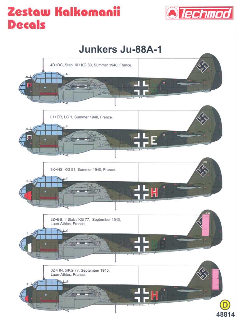 Techmod Decals 1/48 JUNKERS Ju 88A 1 Bomber  