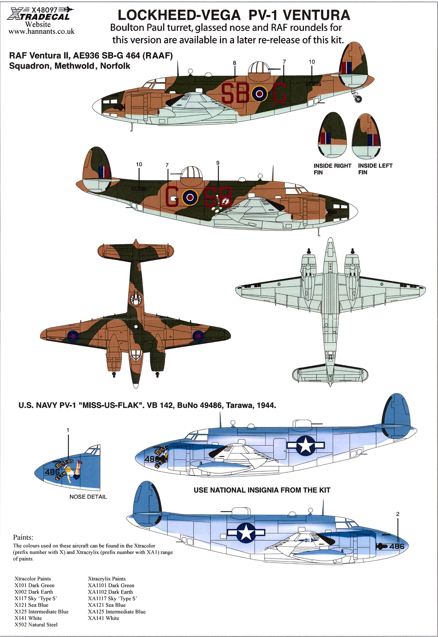 Xtra Decals 1/48 LOCKHEED PV-1 VENTURA U.S. Navy WWII Bomber