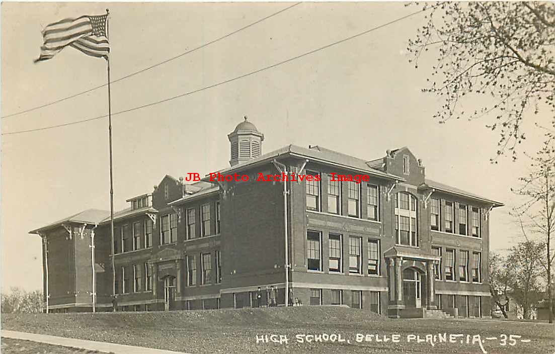 IA, Belle Plaine, Iowa, RPPC, High School Building, Flag Pole, Photo No
